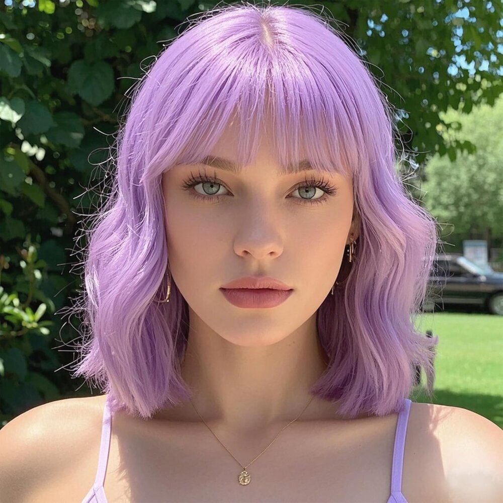 Women's Light Purple 14 Inch Curly Synthetic Cosplay Bangs Short Bob Wavy Wigs